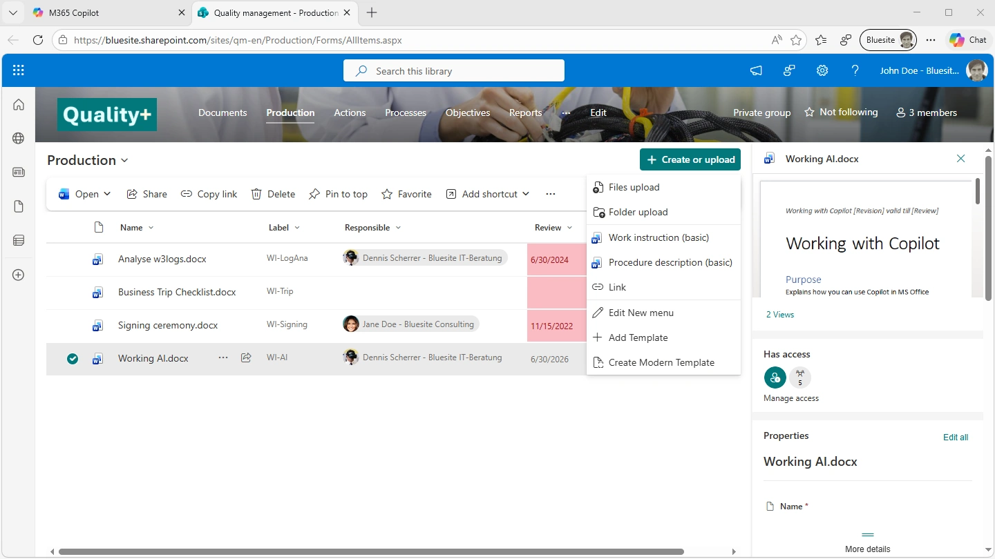 on this screenshot you see the production document library of the SharePoint Quality Management Team Site with document control features like labels, responsibilities, review dates and highlighted and approval status