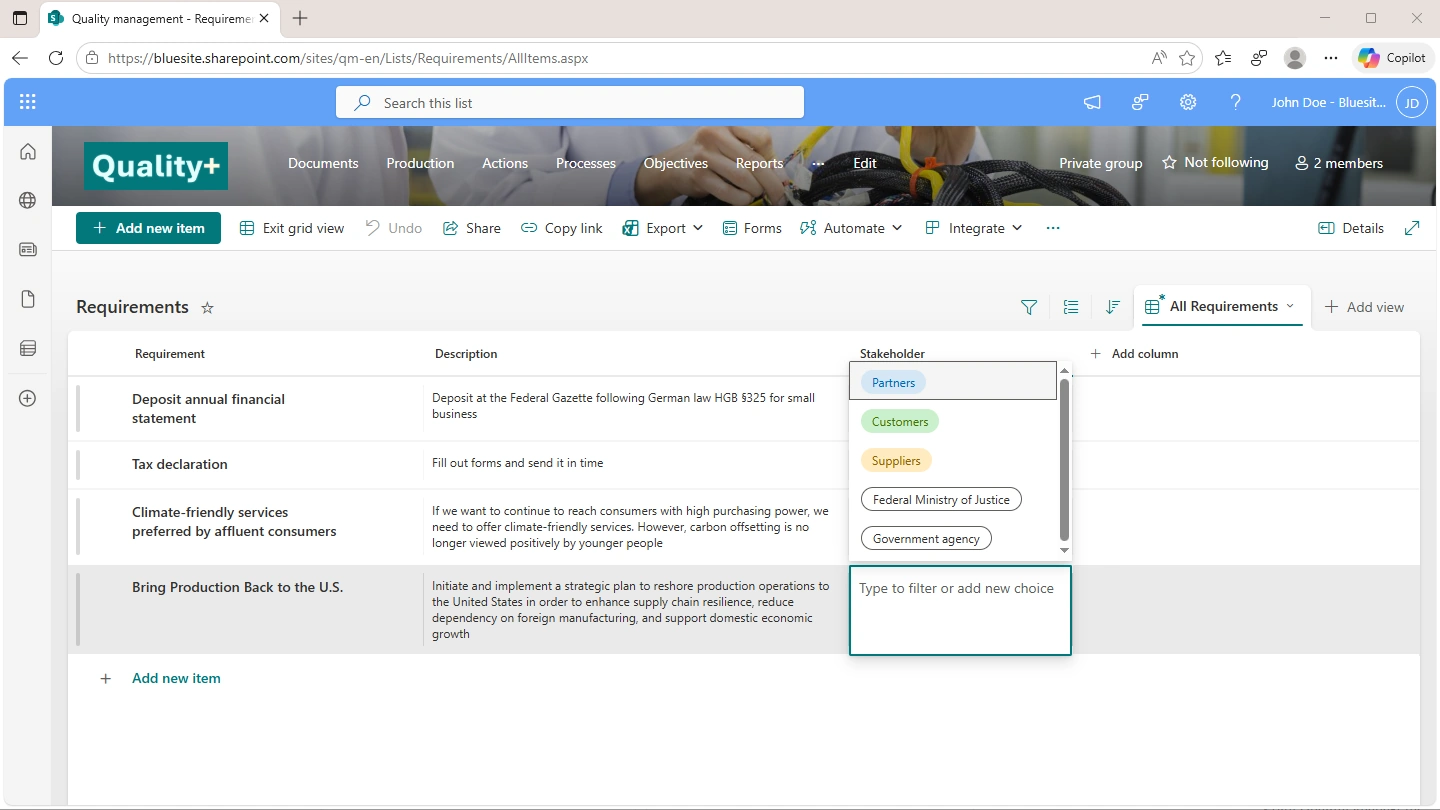 screenshot of Issues list in the SharePoint Quality Management Team Site demonstrating filtering for factors and showing the Export menu for Export to Excel