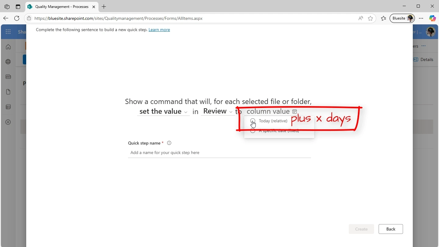 the screenshot shows the e-mail created with the quick step in SharePoint in Microsoft Outlook with an additional text template for the reference to the documentation rules in the quality management system