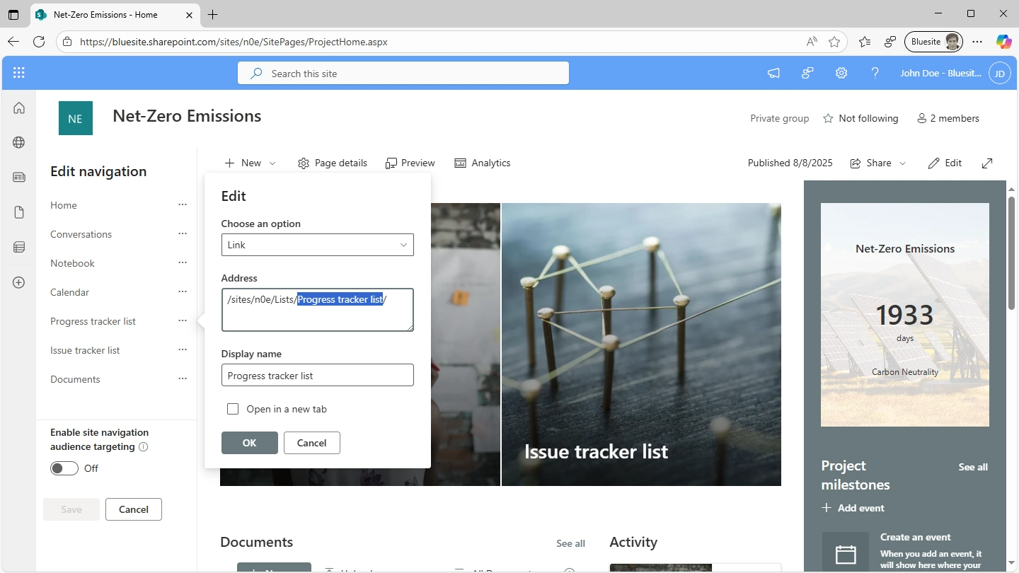 this screenshot of a SharePoint team site shows “Edit navigation” on the left and below it the list of navigation links, the link with the display name Project Tracker List is being edited on the right, and in the display name field “Progress Tracker List” is entered, below that the “OK” button